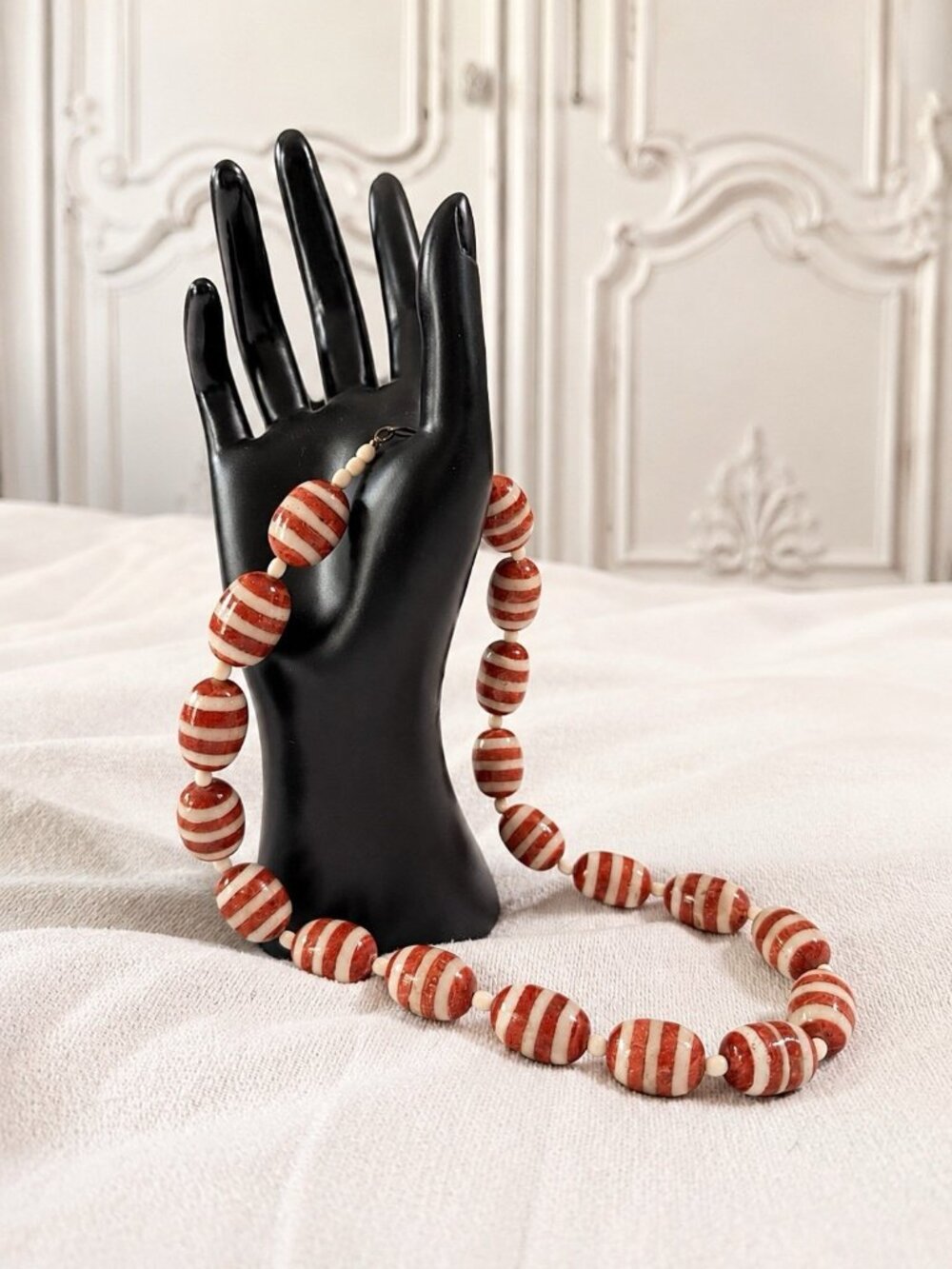 Vintage Shiva Lingam Stone Bead Necklace Red Cream Striped 21” Boho